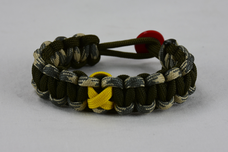 od green desert sand foliage and od green military support paracord bracelet with red button in the back and yellow ribbon