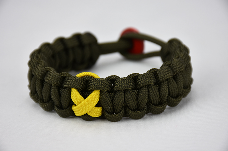 od green military support paracord bracelet with yellow support ribbon, picture of an od green paracord bracelet with a yellow ribbon in the center of it and a red button for a fastener, od green military support paracord bracelet unity band