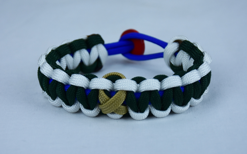 blue white and emerald pediatric cancer support paracord bracelet with red button back and gold ribbon